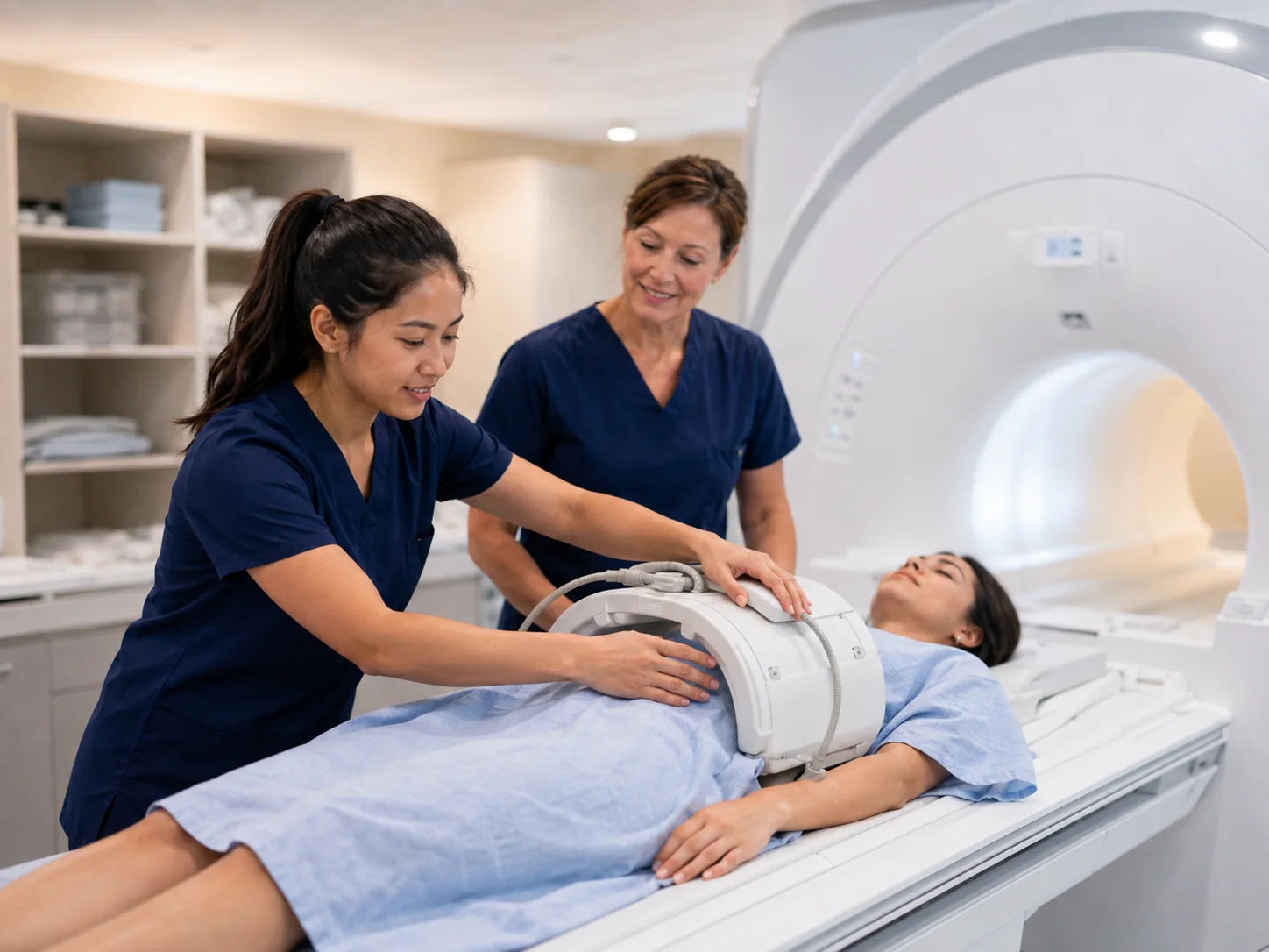 MRI instructor guiding students through clinical scanner setup beside an MRI system
