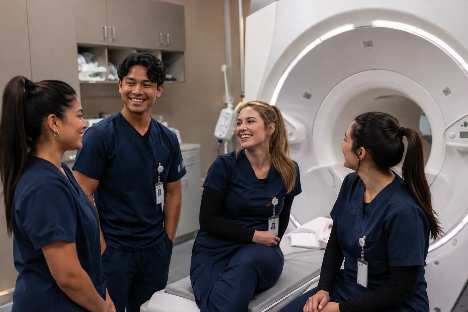 MRI students gathered together beside an MRI scanner during clinical training