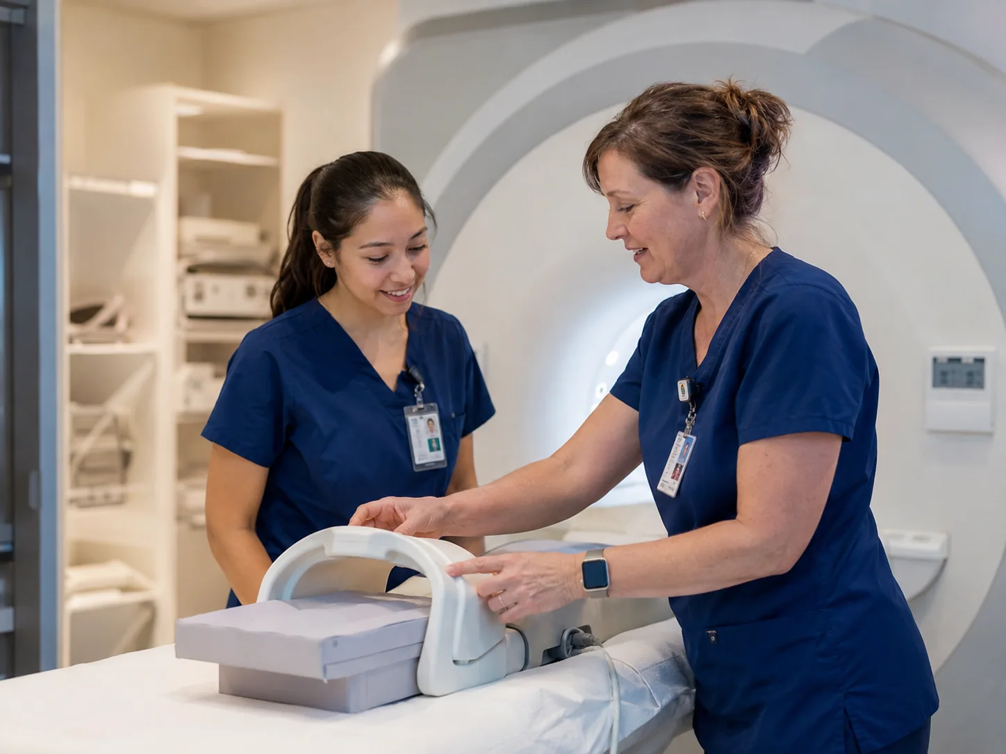 MRI instructor coaching a student through coil setup beside an MRI scanner
