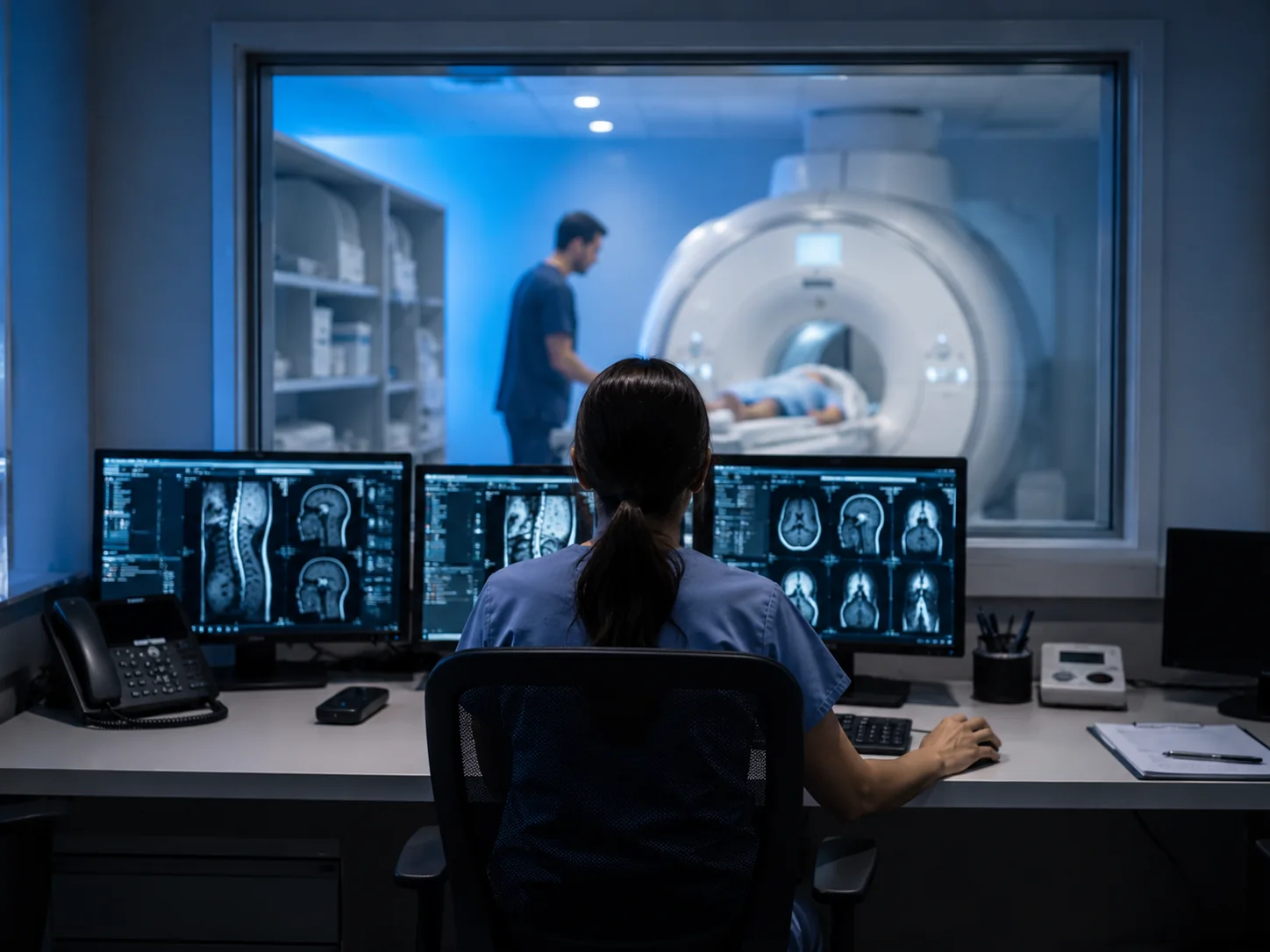 MRI technologist working at the control-room console while a patient is positioned in the scanner
