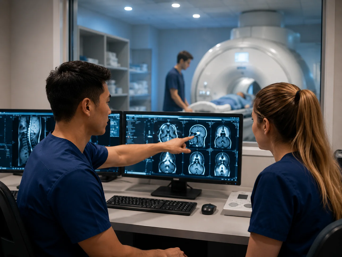 MRI students reviewing brain images together at a control-room workstation